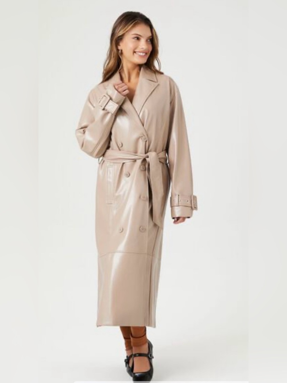 New with Tags Forever 21 Faux Leather Trench Coat – Beige / Tan